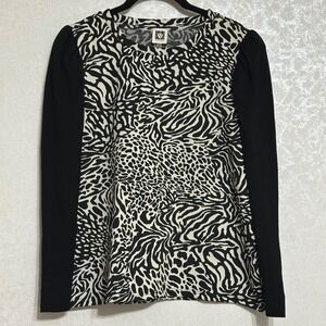 Anne Klein Animal Print Long Sleeve Top Zebra Leopard Blouse Black & Off White L